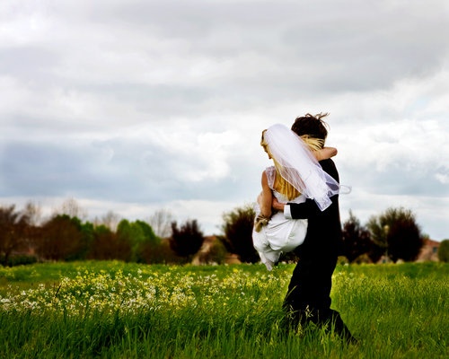 Groom carrying bride across a field of flowers